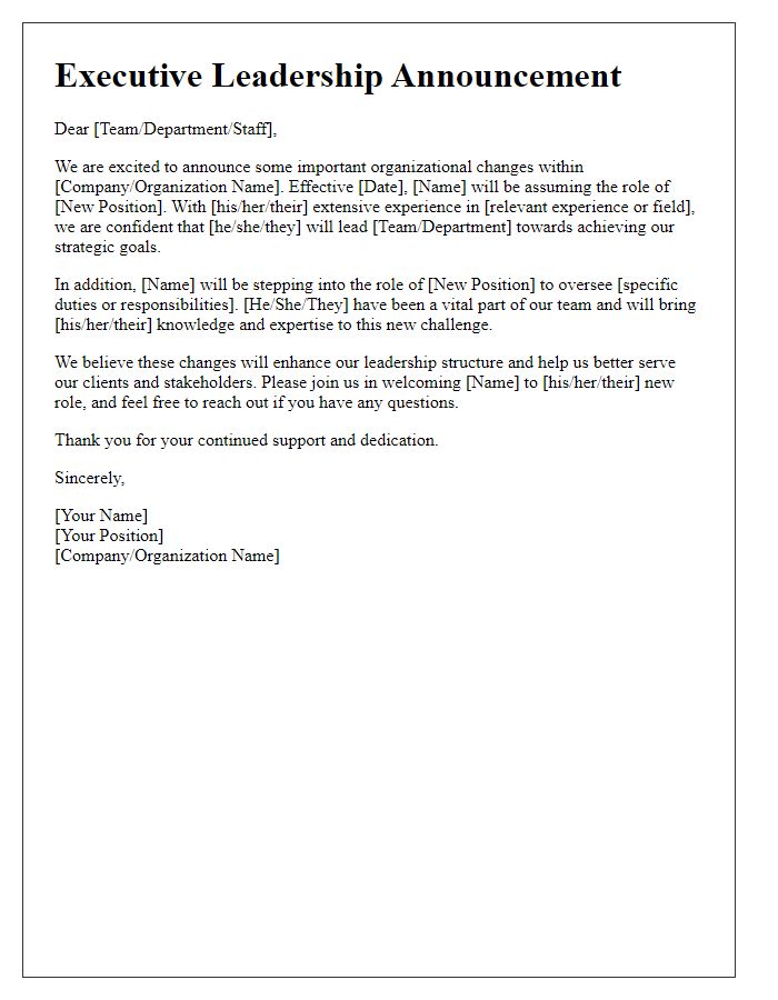 Letter template of executive leadership announcement for organizational changes