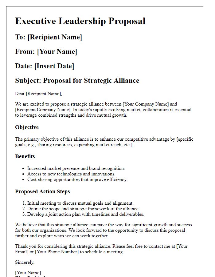 Letter template of executive leadership proposal for strategic alliance