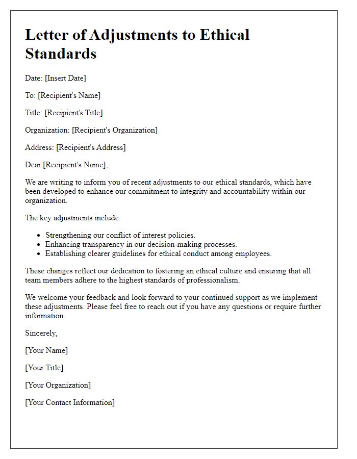 Letter template of adjustments to ethical standards