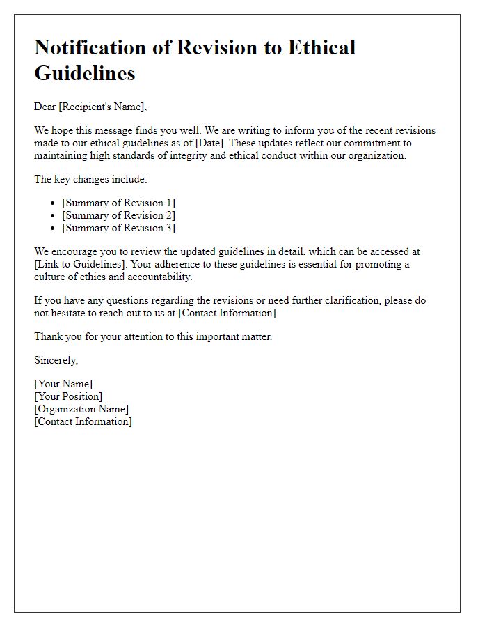 Letter template of ethical guidelines revision notification