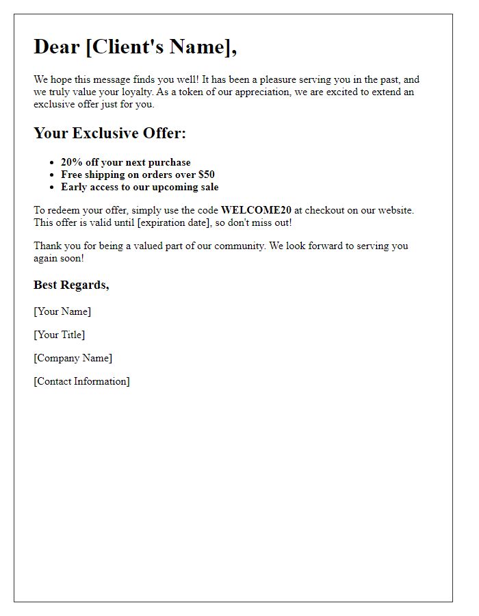 Letter template of exclusive offers for returning clients