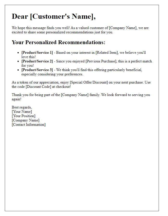 Letter template of personalized recommendations for existing customers