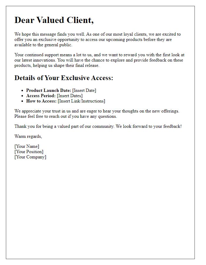 Letter template of special access to upcoming products for loyal clients