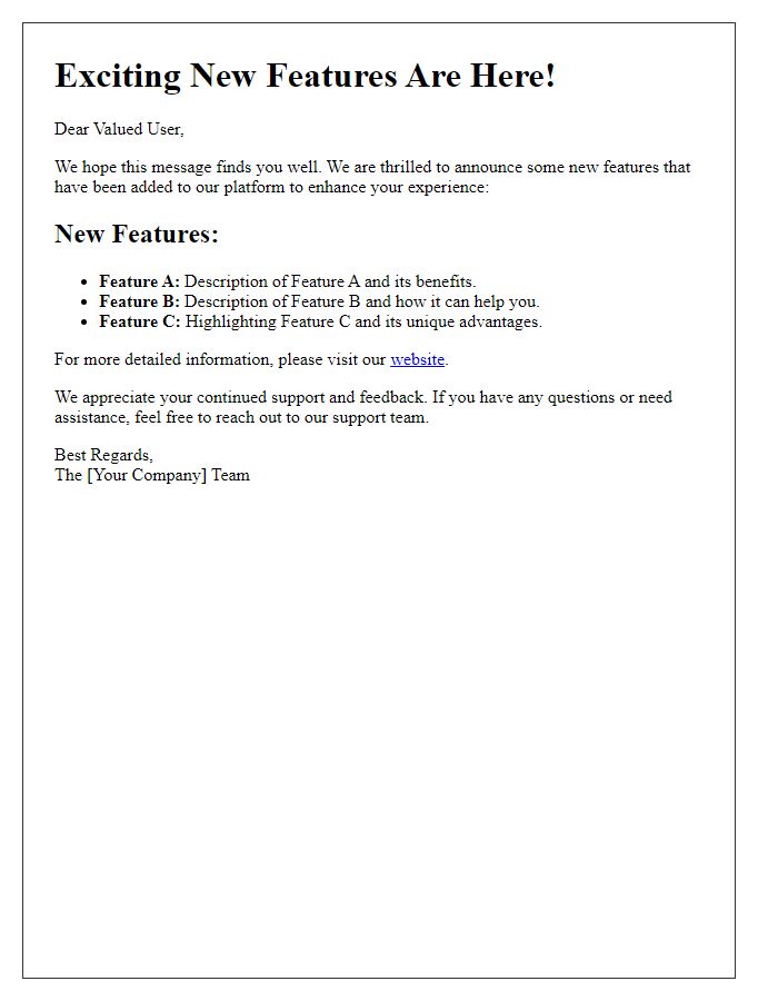 Letter template of updates on new features for current users