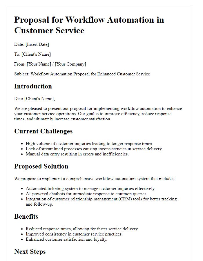 Letter template of workflow automation proposal for customer service enhancement.