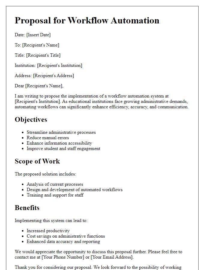 Letter template of workflow automation proposal for educational institutions.