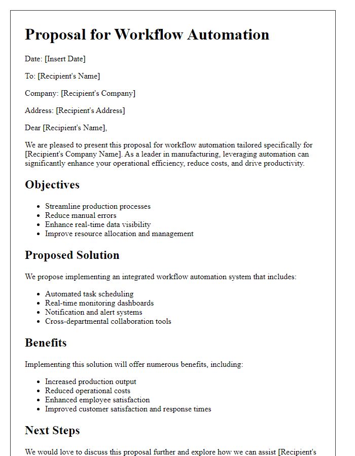 Letter template of workflow automation proposal for manufacturing companies.