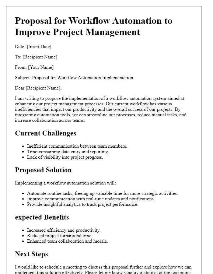 Letter template of workflow automation proposal for project management improvement.