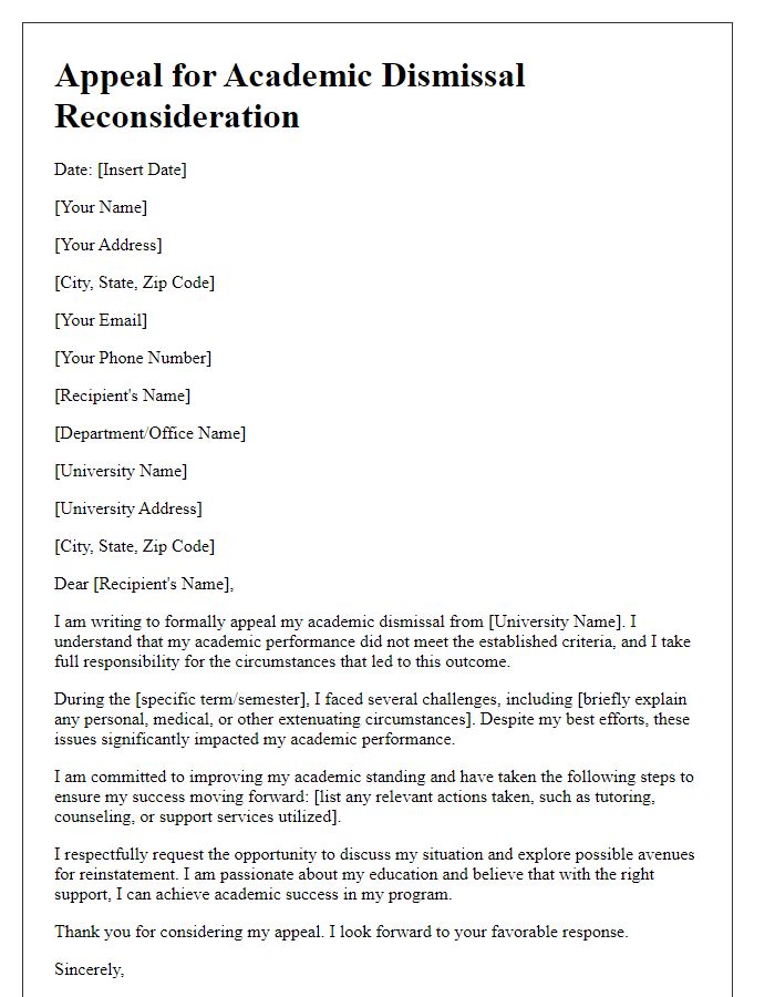 Letter template of appeal for academic dismissal reconsideration