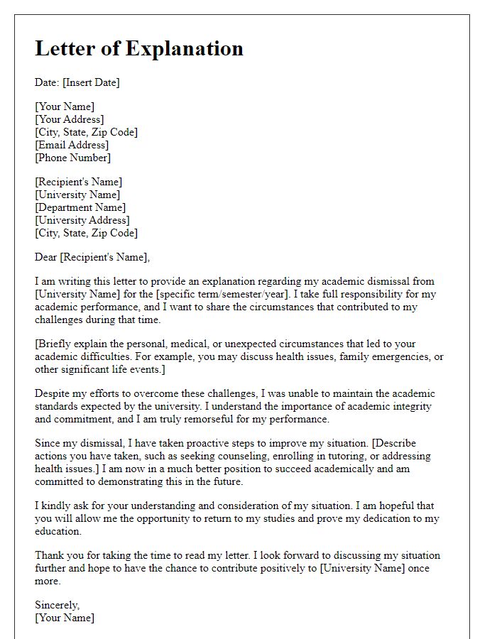 Letter template of explanation for circumstances leading to academic dismissal