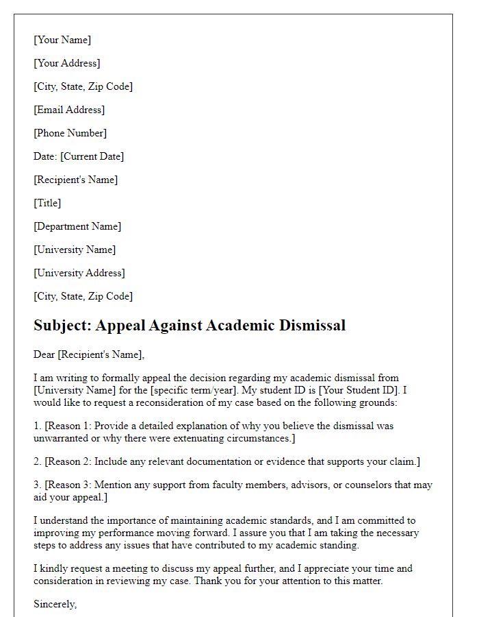 Letter template of formal appeal against academic dismissal decision