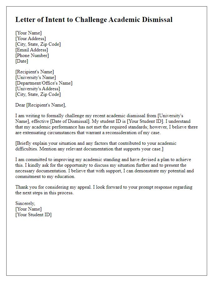 Letter template of intent to challenge academic dismissal