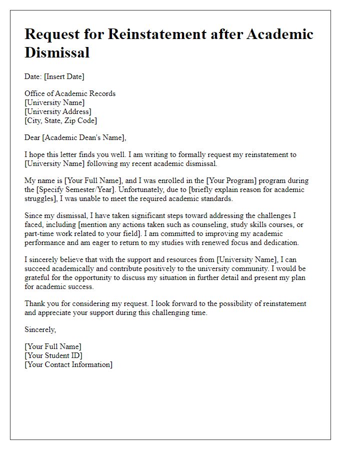 Letter template of request for reinstatement after academic dismissal