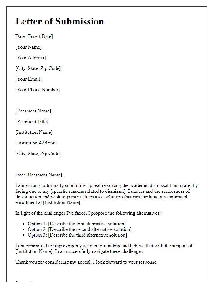 Letter template of submission for alternative solutions to academic dismissal