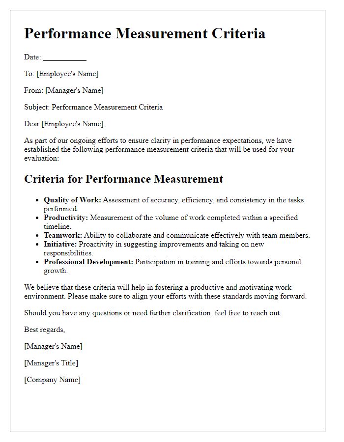 Letter template of Performance Measurement Criteria