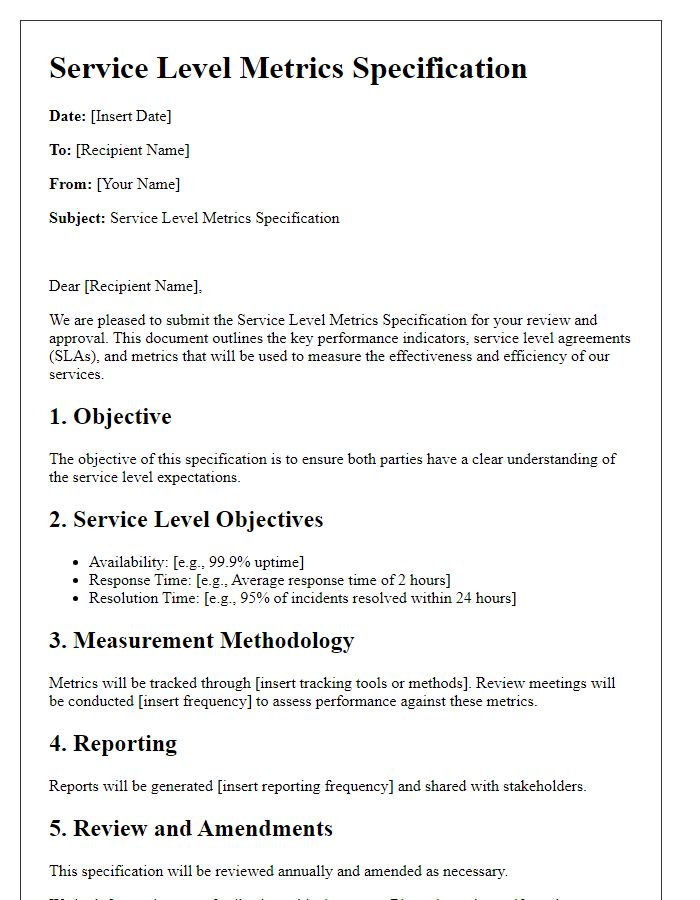 Letter template of Service Level Metrics Specification