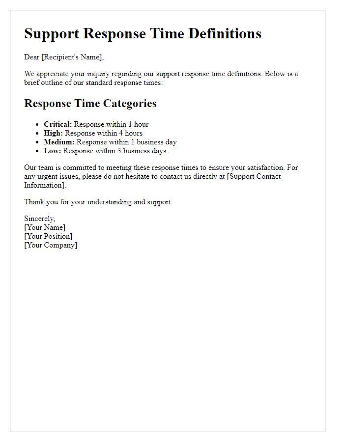 Letter template of Support Response Time Definitions