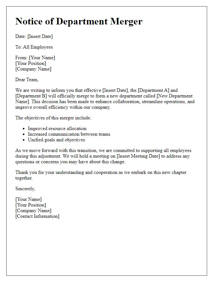 Letter template of merging departments notice