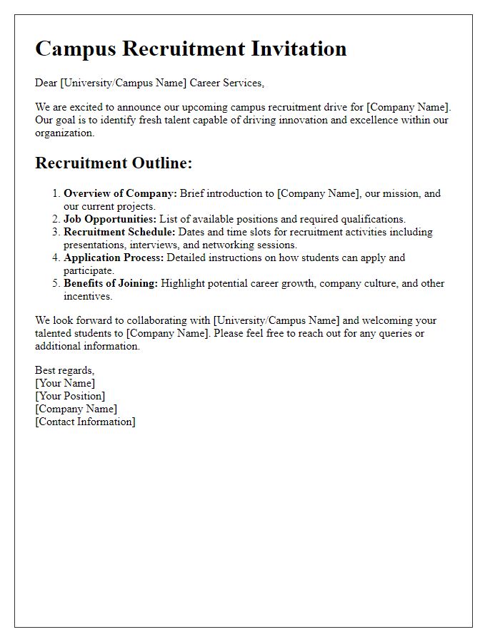 Letter template of talent acquisition outline for campus recruitment