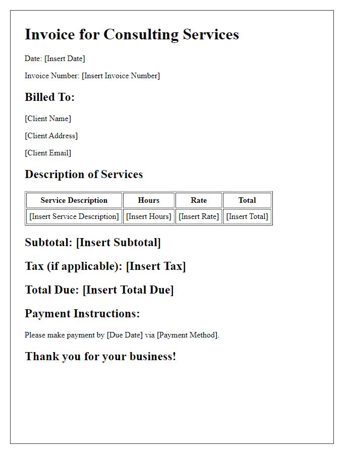 Letter template of consulting service billing for invoicing and payment