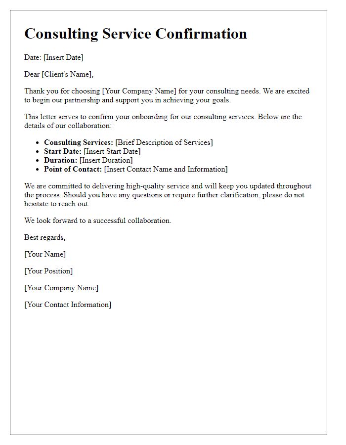 Letter template of consulting service confirmation for client onboarding