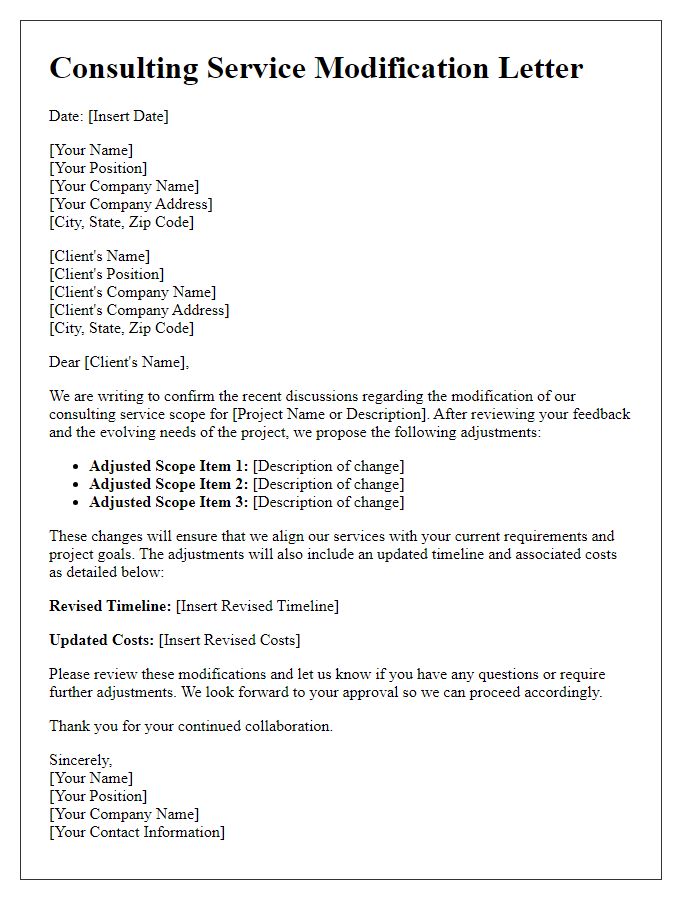 Letter template of consulting service modification for scope adjustments