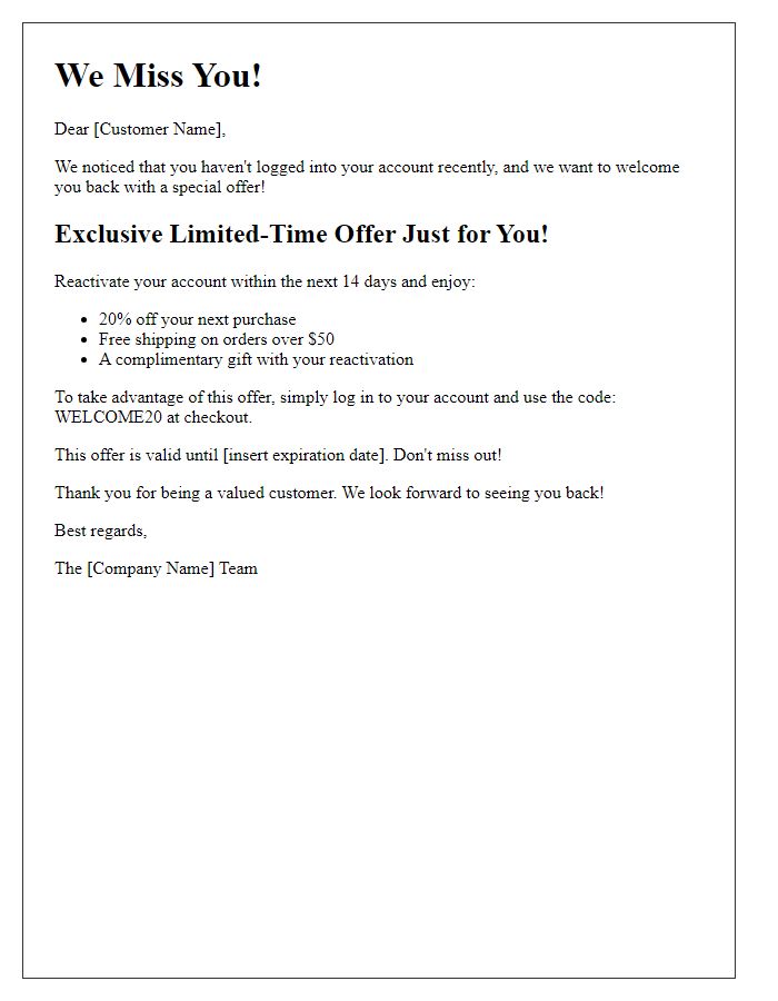 Letter template of limited-time offer for reactivating account