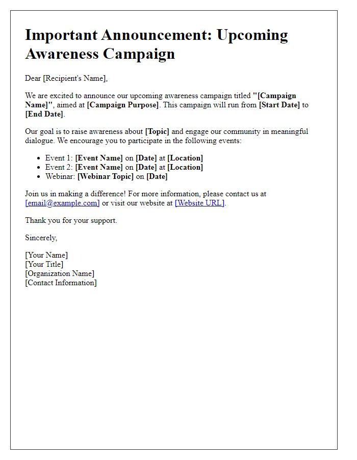 Letter template of awareness campaign announcement