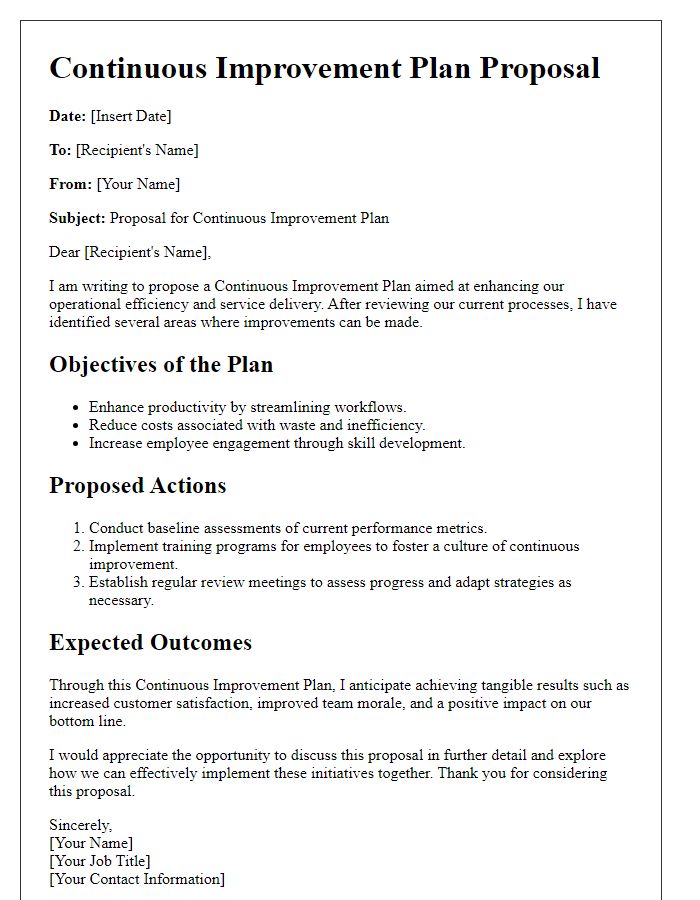 Letter template of a continuous improvement plan proposal