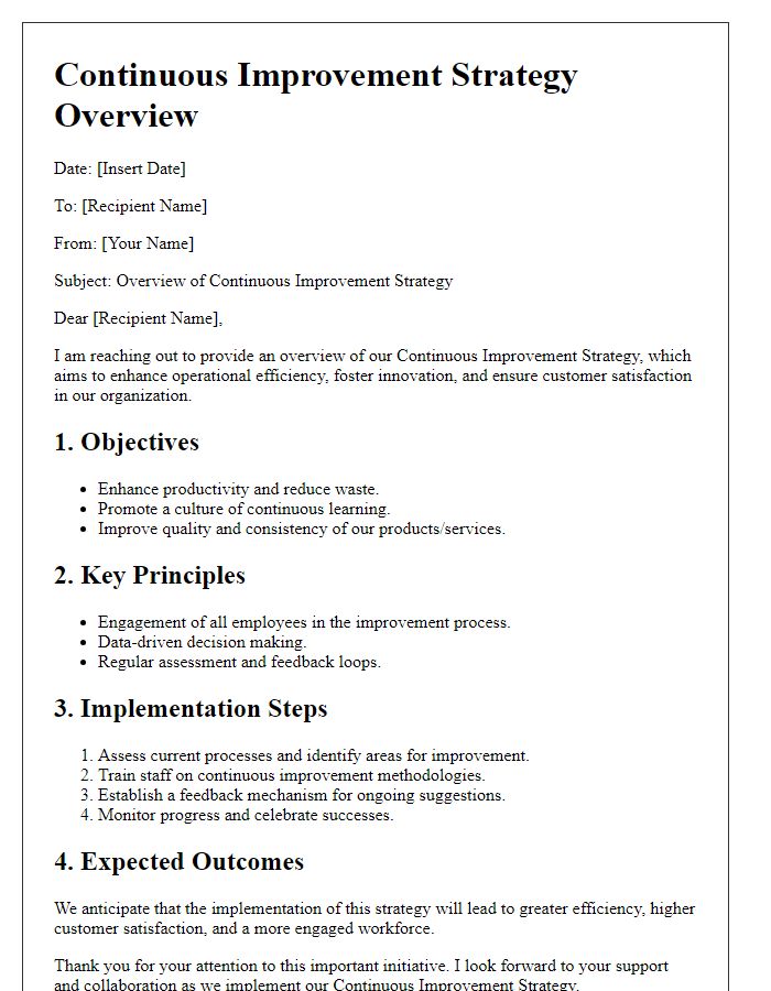 Letter template of continuous improvement strategy overview