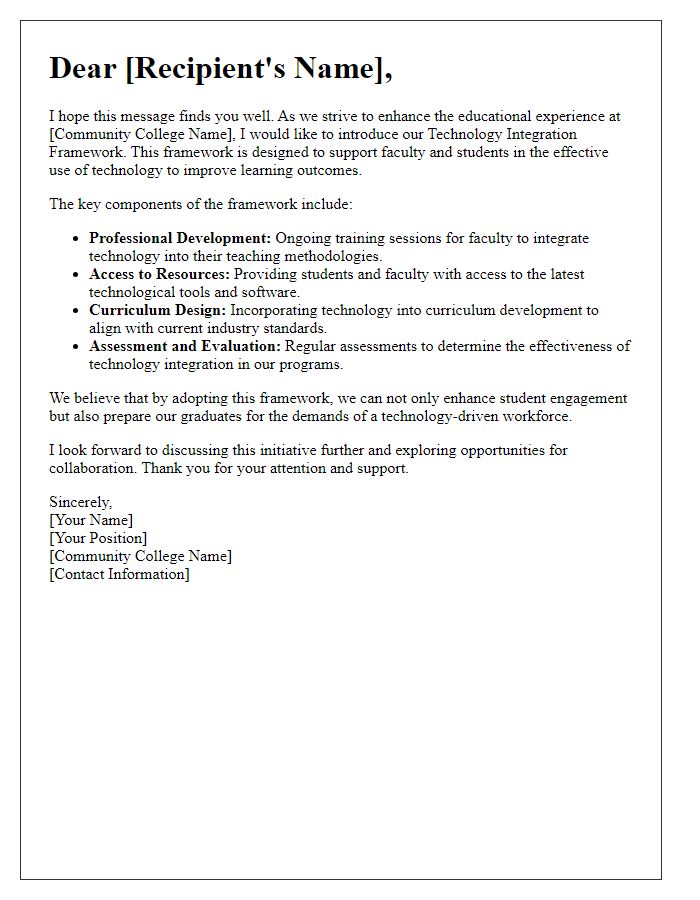 Letter template of technology integration framework for community colleges.