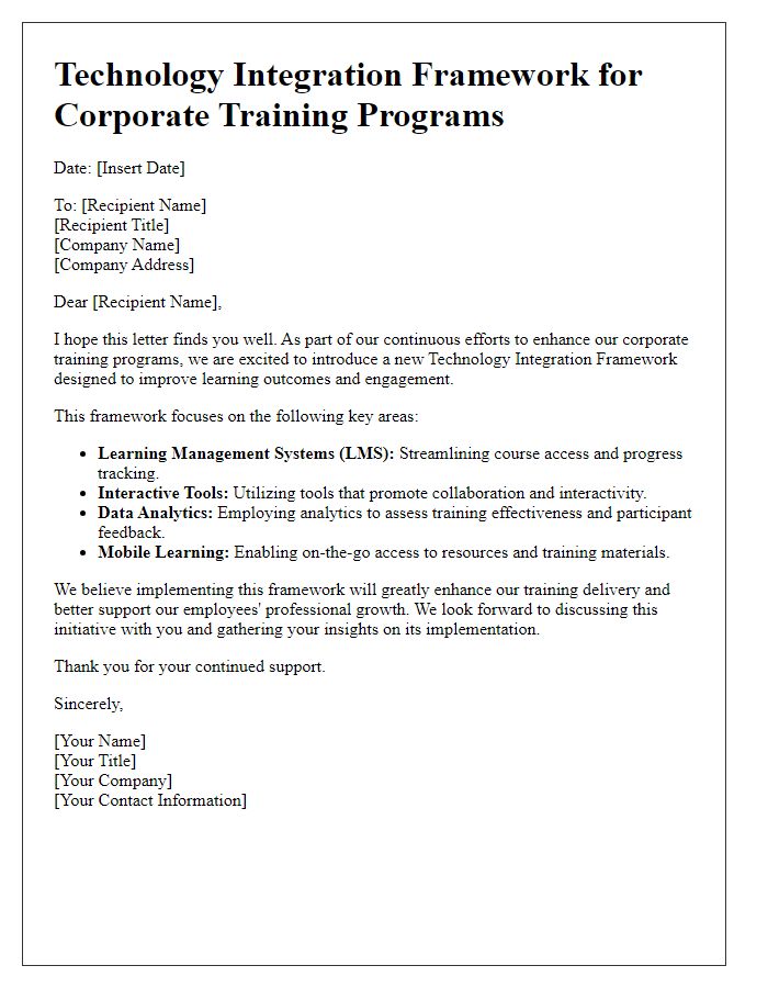 Letter template of technology integration framework for corporate training programs.