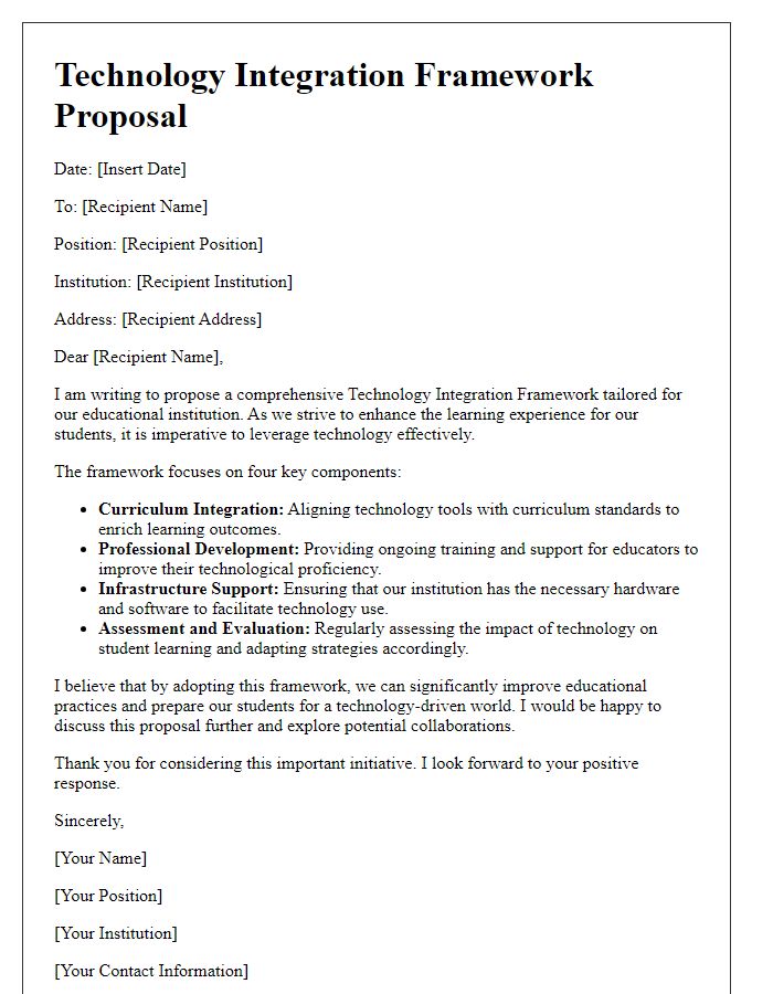 Letter template of technology integration framework for educational institutions.