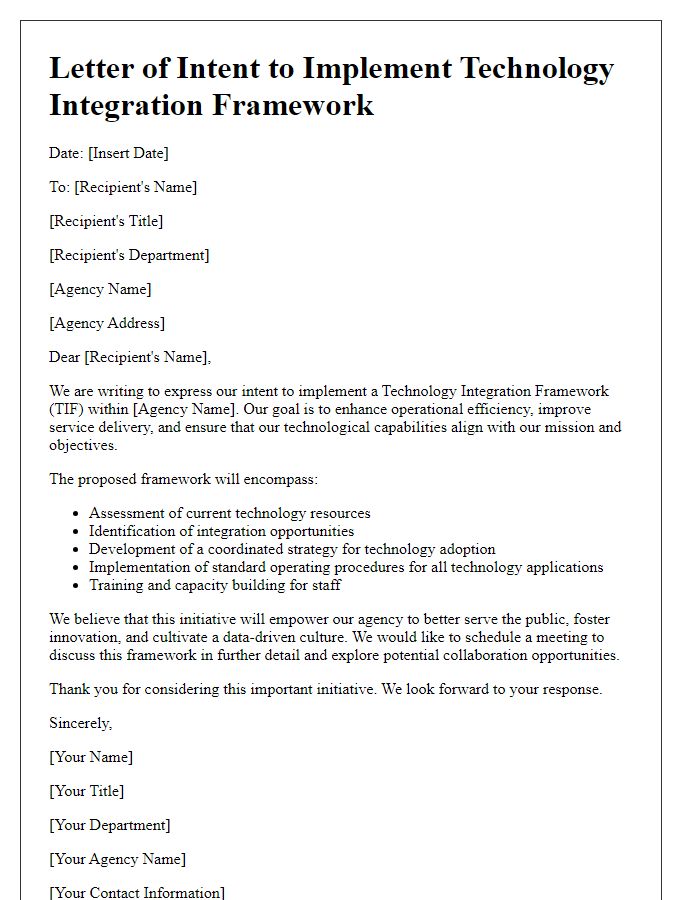 Letter template of technology integration framework for government agencies.