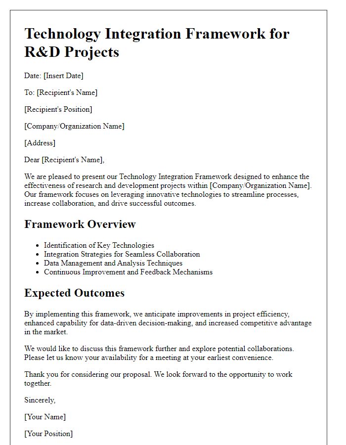 Letter template of technology integration framework for research and development projects.