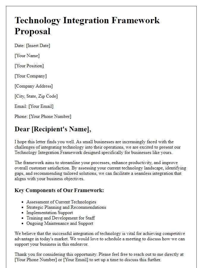 Letter template of technology integration framework for small businesses.