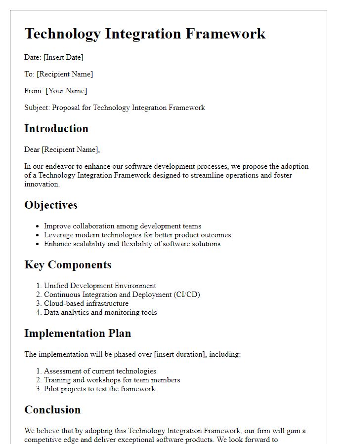 Letter template of technology integration framework for software development firms.