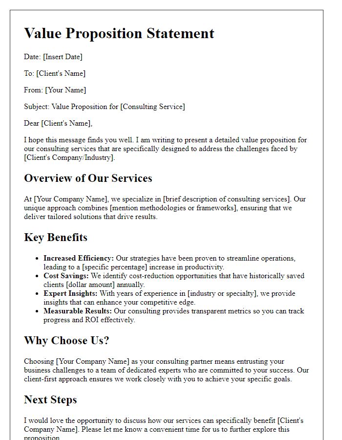 Letter template of a detailed value proposition statement for a consulting service.