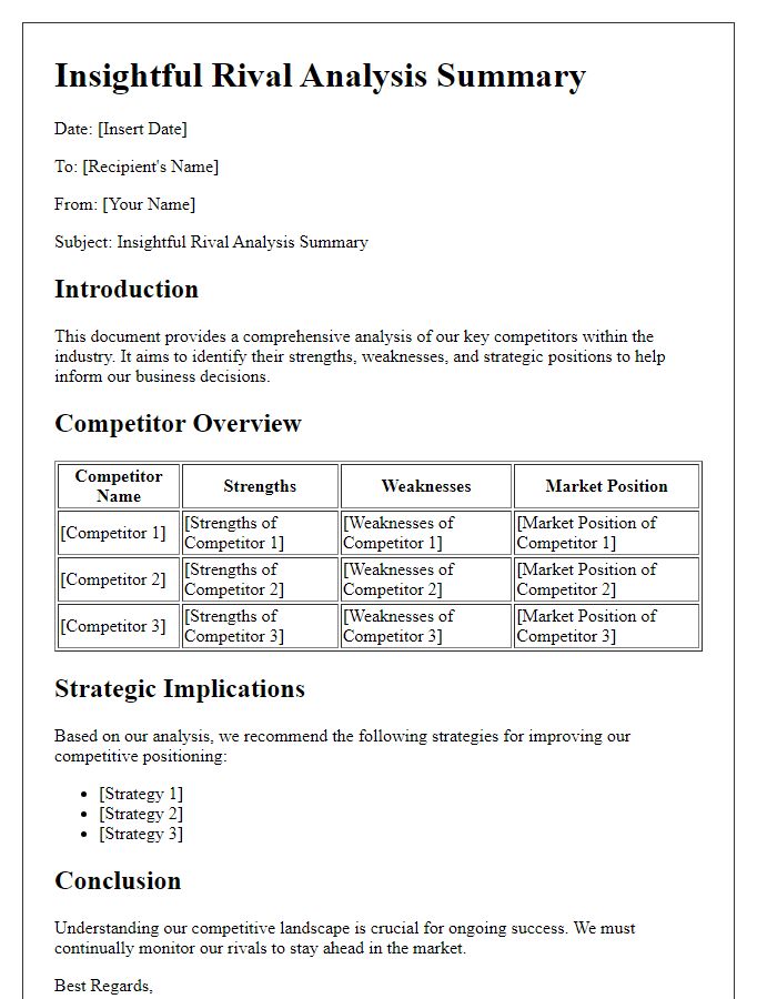 Letter template of Insightful Rival Analysis Summary