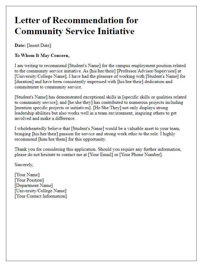 Letter template of campus employment recommendation for community service initiative