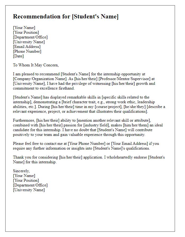 Letter template of campus employment recommendation for internship opportunity