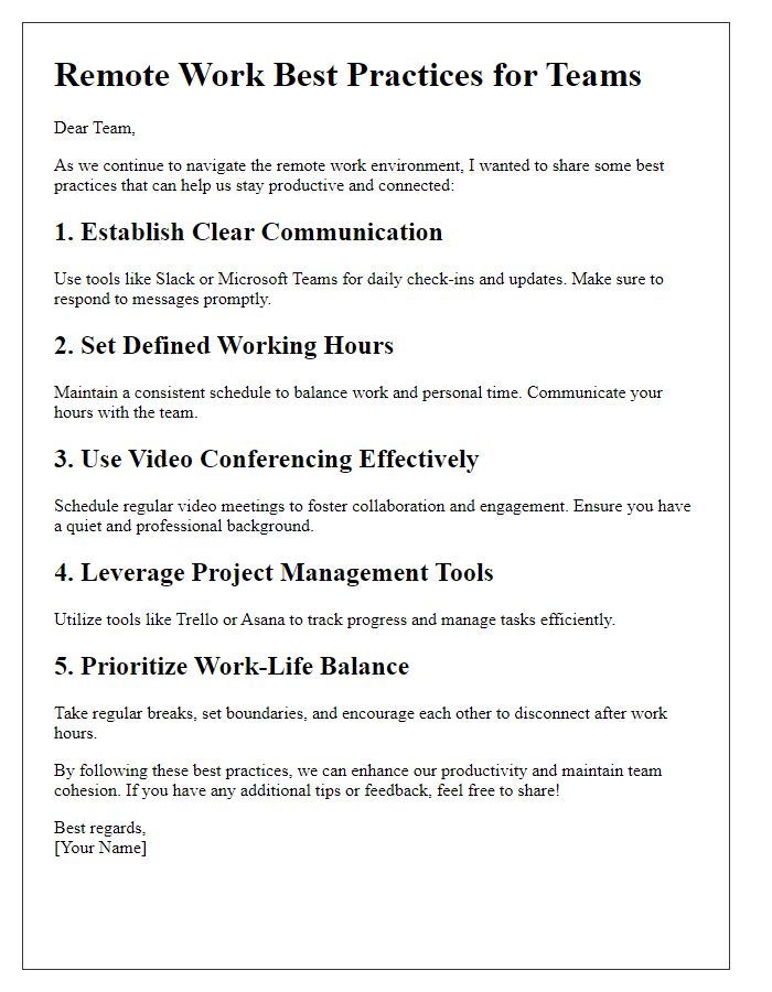 Letter template of remote work best practices for teams.