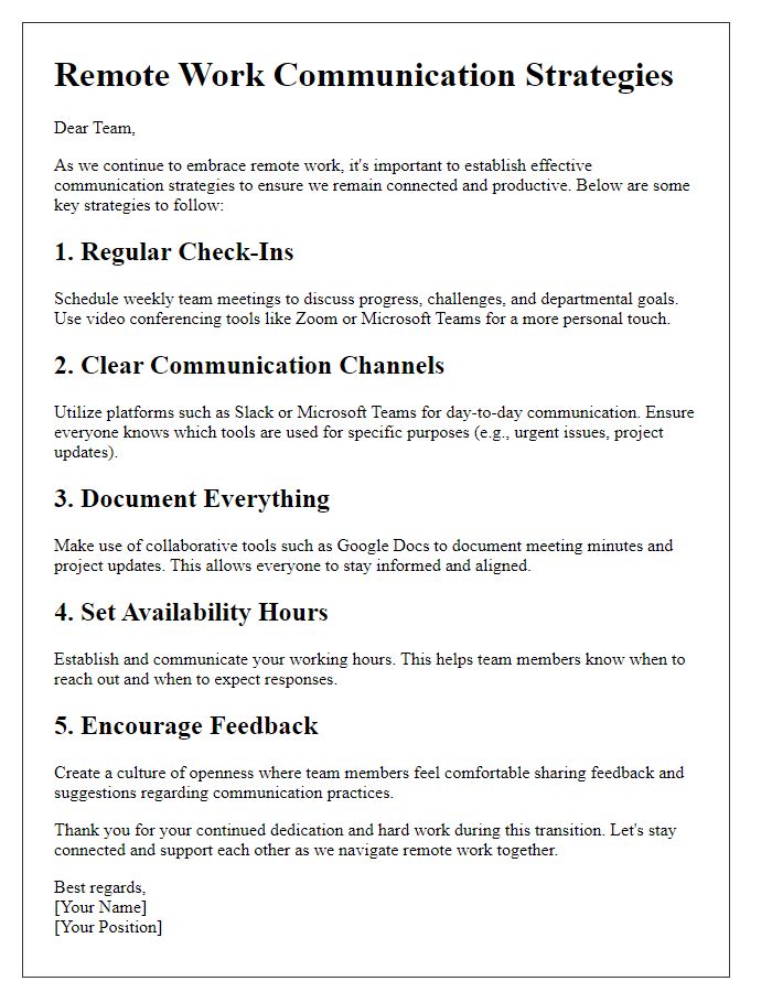 Letter template of remote work communication strategies for staff.