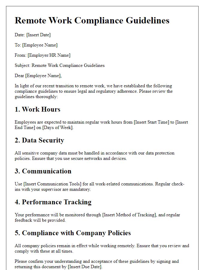 Letter template of remote work compliance guidelines for legal purposes.