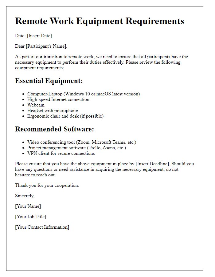 Letter template of remote work equipment requirements for participants.