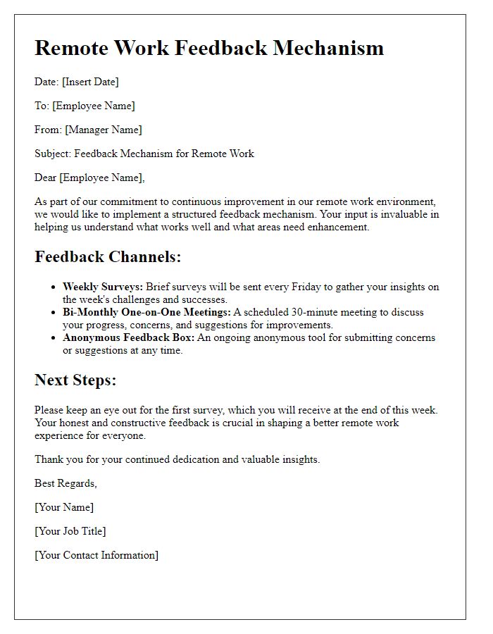 Letter template of remote work feedback mechanisms for continuous improvement.