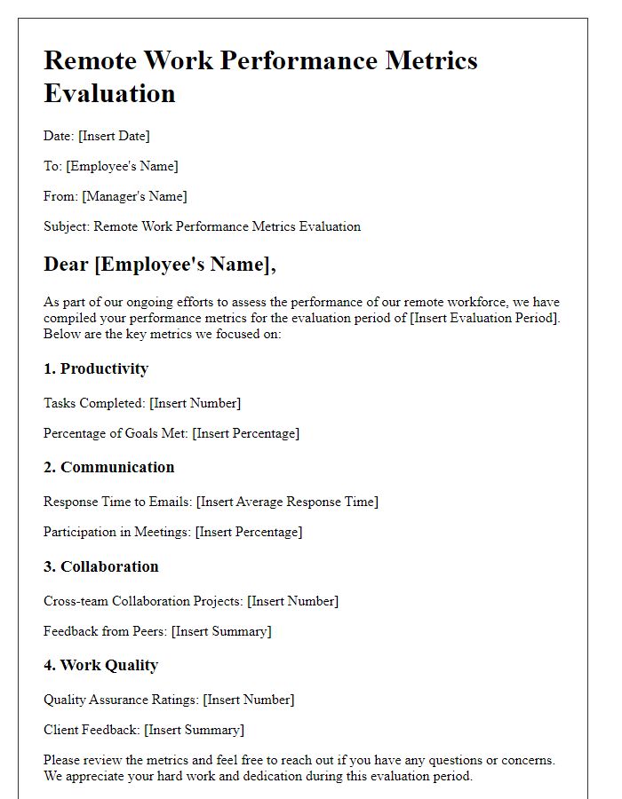 Letter template of remote work performance metrics for evaluation.