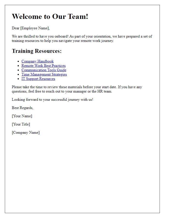 Letter template of remote work training resources for onboarding.