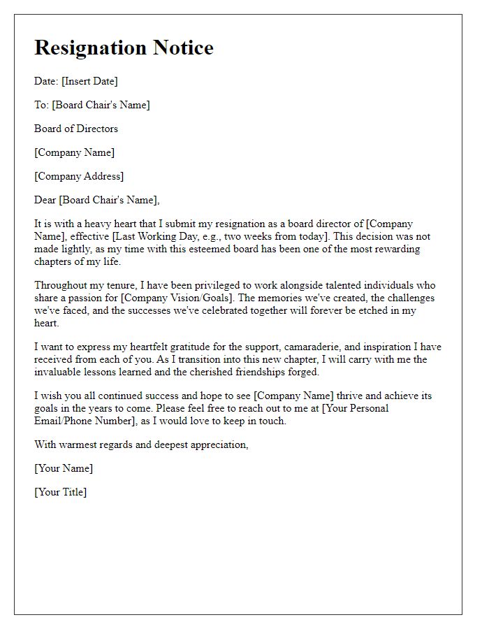 Letter template of board director resignation notice - emotional farewell