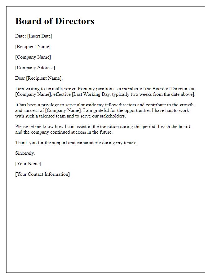 Letter template of board director resignation notice - formal approach